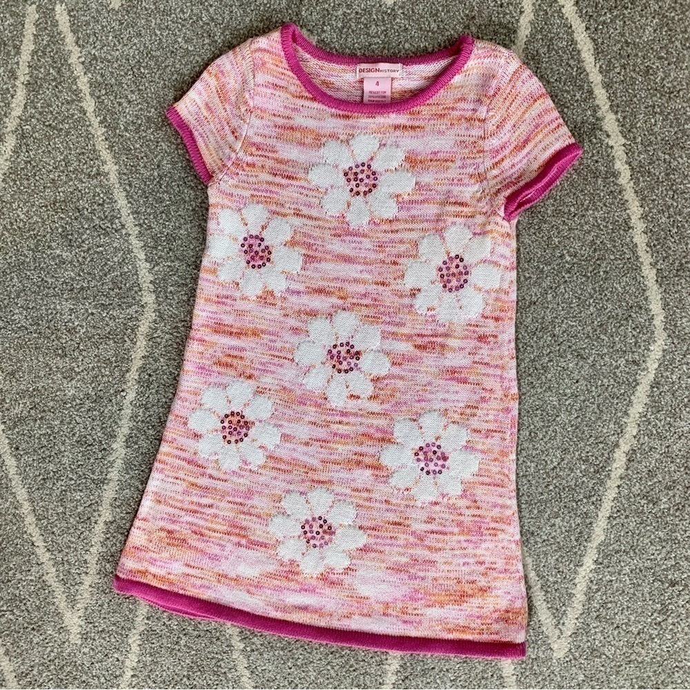 Design History Pink Short Sleeve Sweater Dress with Sequin Flowers Size 4